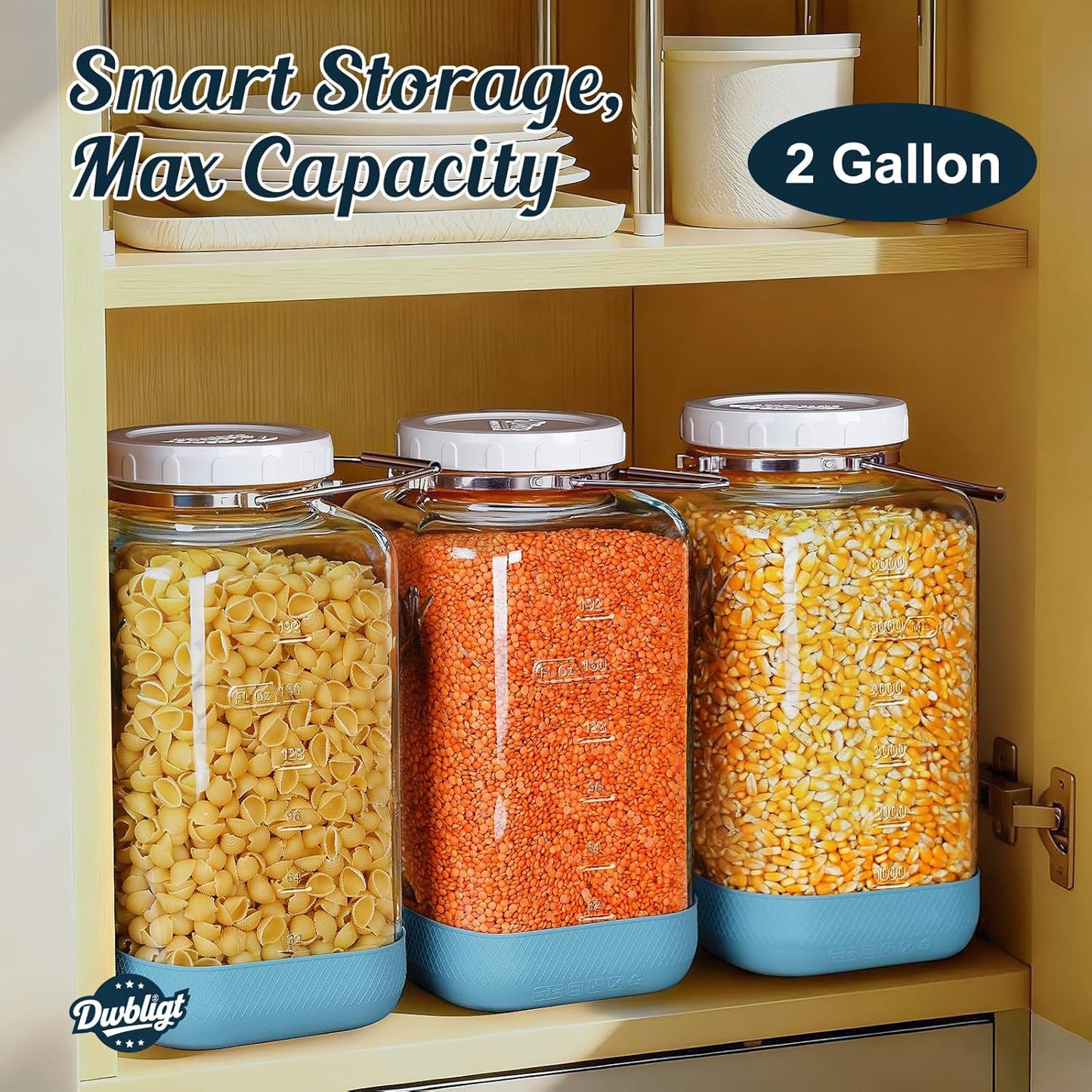 2 Pack 2 Gallon Glass Jar with Airtight Lid, 256 Oz Large Wide Mouth Mason Jar with Non-slip Base & Stainless Steel Handle - Glass Food Storage Containers for Flour, Cereals, Rice and Picking