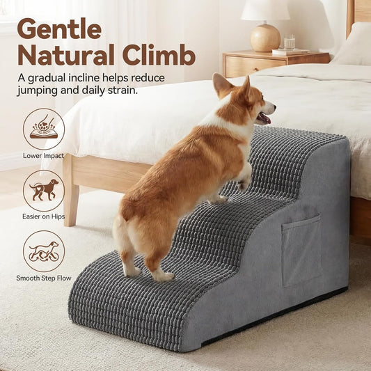 Dog Stairs for Small Dogs, 15.7" High 3 Step Foam Ramp for Bed & Couch, Pet Steps for Senior Pets, Non Slip Base, Washable Cover, Joint Support Design, Grey, Suitable for Cats
