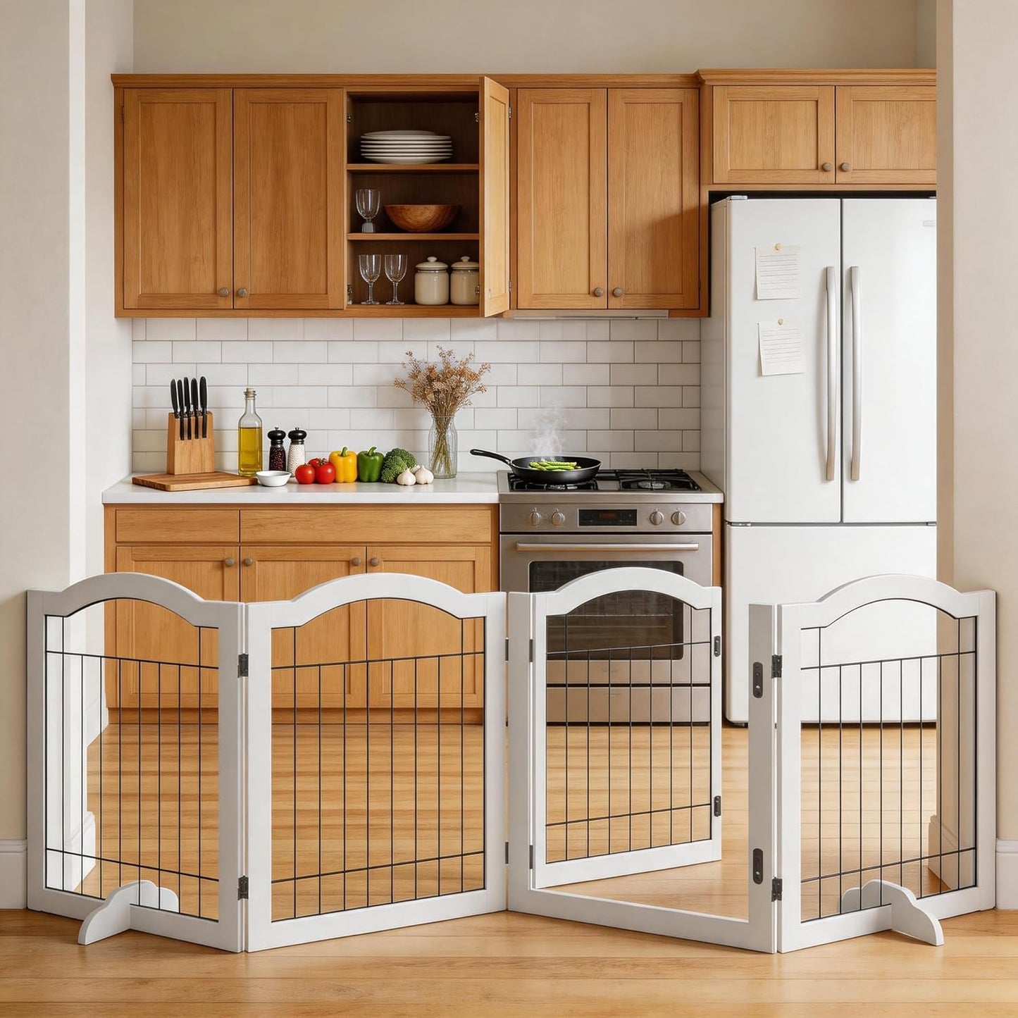 Vantas Espresso Wooden Folding Dog Gate 144" Wide x 30" Tall with Door, Freestanding Pet Gate, Pet Puppy Safety Fence