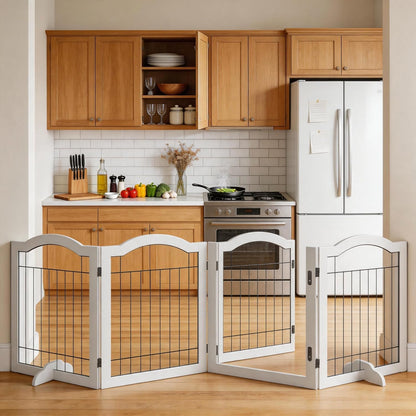 Vantas Espresso Wooden Folding Dog Gate 144" Wide x 30" Tall with Door, Freestanding Pet Gate, Pet Puppy Safety Fence