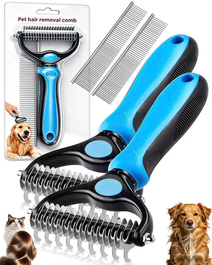 Dual-Sided Pet Grooming Comb for Dogs & Cats – 2-in-1 Dematting Brush & Undercoat Rake for Long, Thick, Curly & Double-Coated Pets (2pcs-Pink)