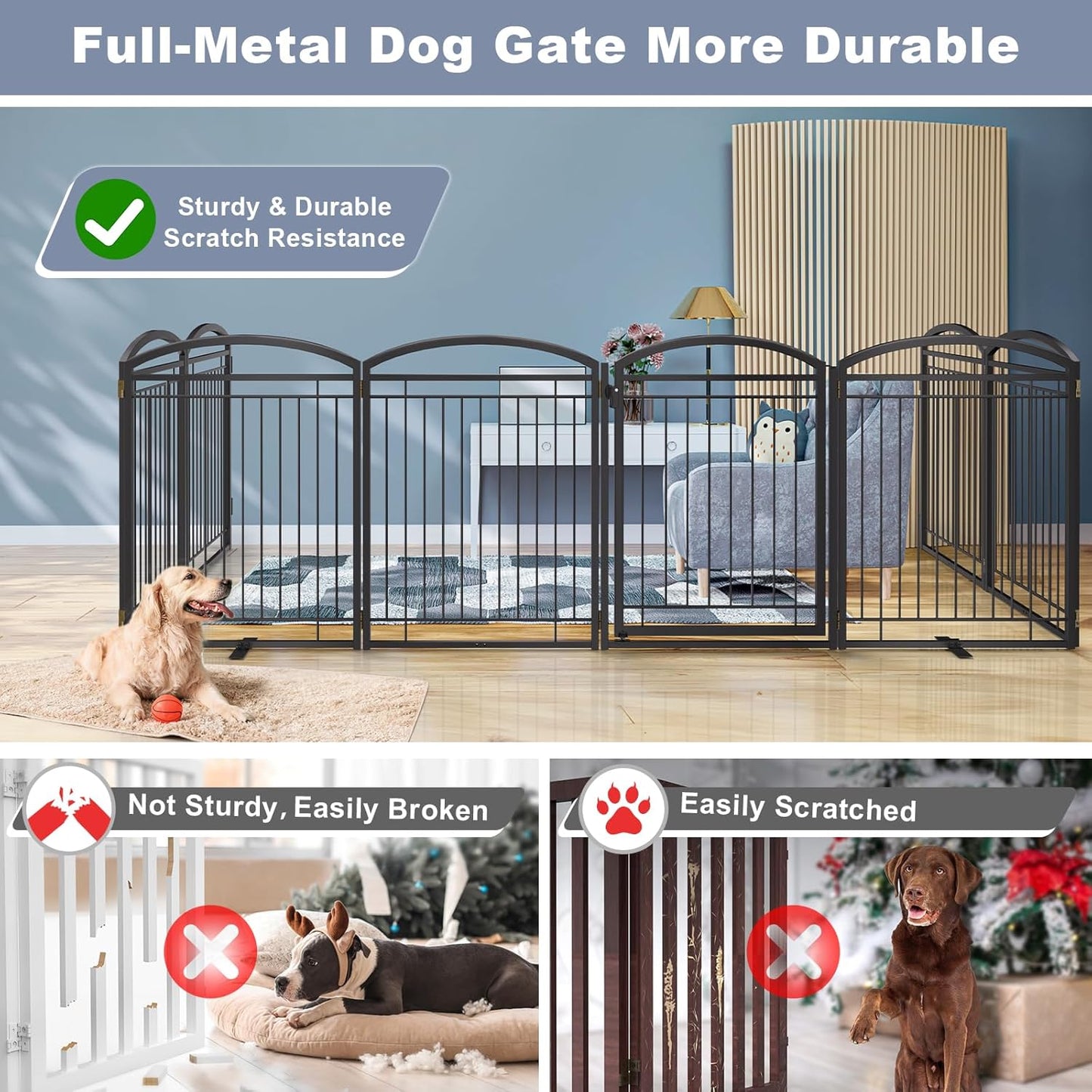 Full Metal Free Standing Dog Gate with Door for Indoor & Outdoor,96'' Extra Wide 32'' Tall Dog Gate for The Doorways,Large Openings,Decks,Porch,Pet Freestanding Safety Fence(4 Panels,Black)
