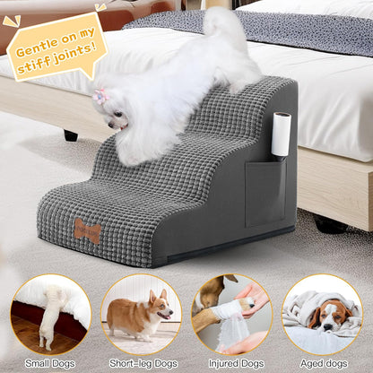 POCBLUE Dog Stairs for Small Dogs 15.7" H, Wide Pet Step for Couch/Sofas/Chairs, Curved Pet Ramps for Small Dogs & Cats with High-Density Foam and Washable Cover, 3-Step, Grey