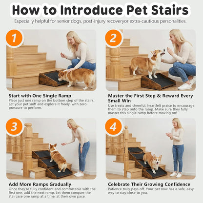 Megidok 2Pcs Low-Angled Wooden Dog Ramp for Stairs, Anti-Slip Carpet Surface Pet Steps, Sturdy Indoor Pet Stairs Ramp for Small Dogs & Cats, Assist for Injured Aged Pets Fits Staircase Steps