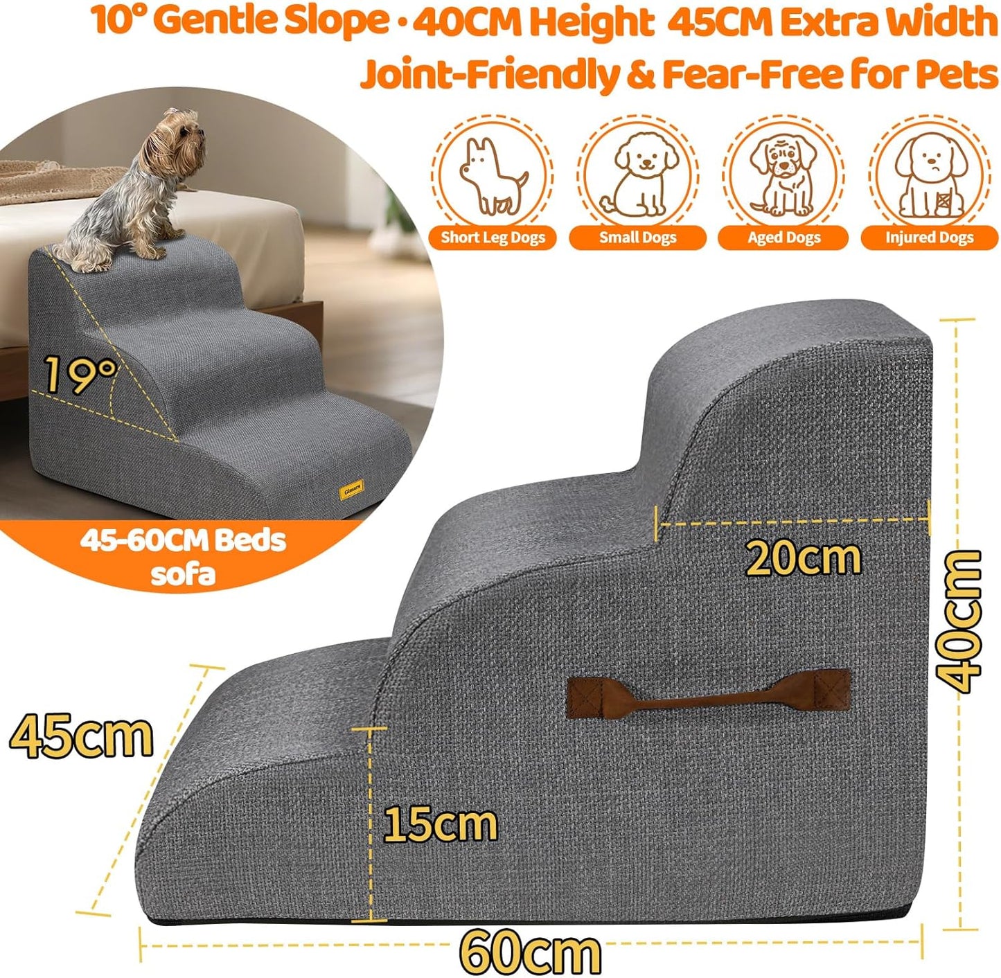 Gimars Upgraded 55CM Long Wide Steps 2 Step Dog Stairs for Small, Medium & Senior Dogs, 30CM High Ramp with 33D High-Density Foam, Linen Cover, Non-Slip Base, Supports 30KG, for Bed & Sofa