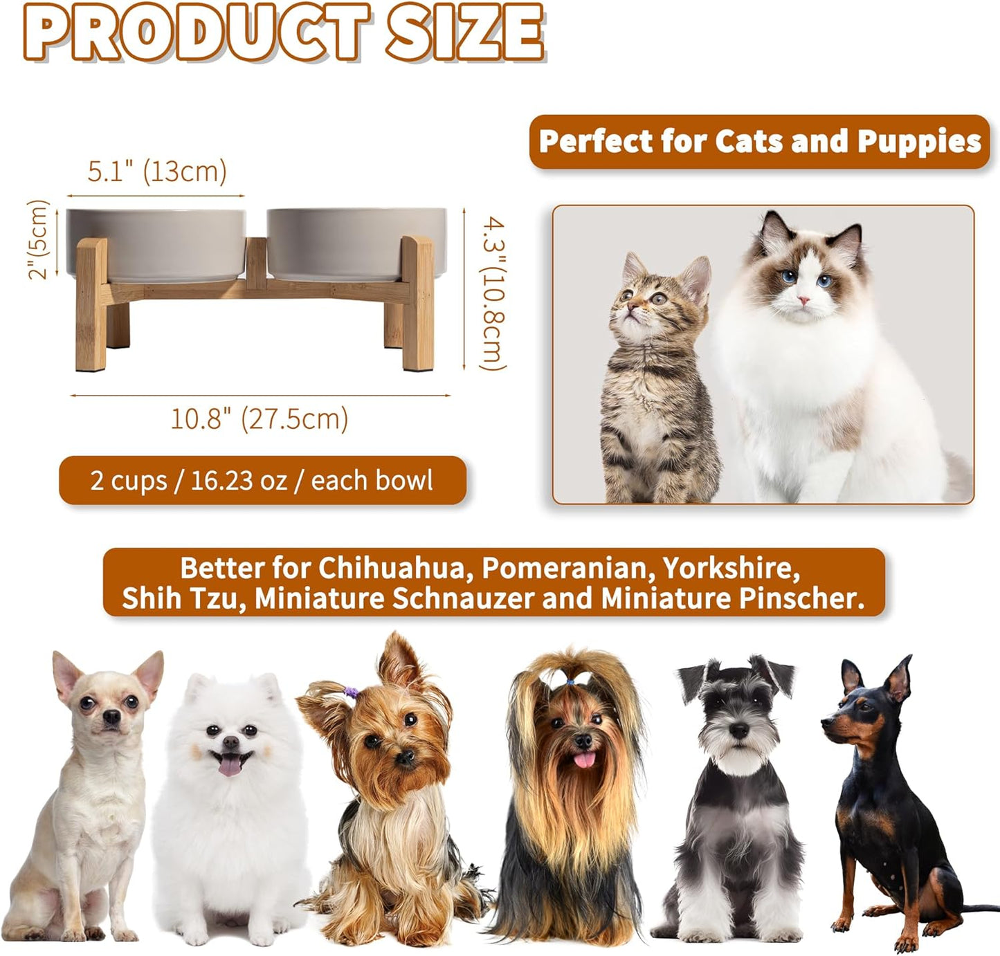 Elevated Ceramic Dog Bowl Set - Raised Dog Bowls with Non-Slip Bamboo Stand - Dog Food and Water Bowl Set - Double Dog Feeding Bowls - Suitable for Small and Medium Dogs - 28.74 OZ - 3.6 CUPS - 850 ML