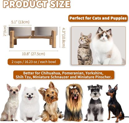 Elevated Ceramic Dog Bowl Set - Raised Dog Bowls with Non-Slip Bamboo Stand - Dog Food and Water Bowl Set - Double Dog Feeding Bowls - Suitable for Small and Medium Dogs - 28.74 OZ - 3.6 CUPS - 850 ML
