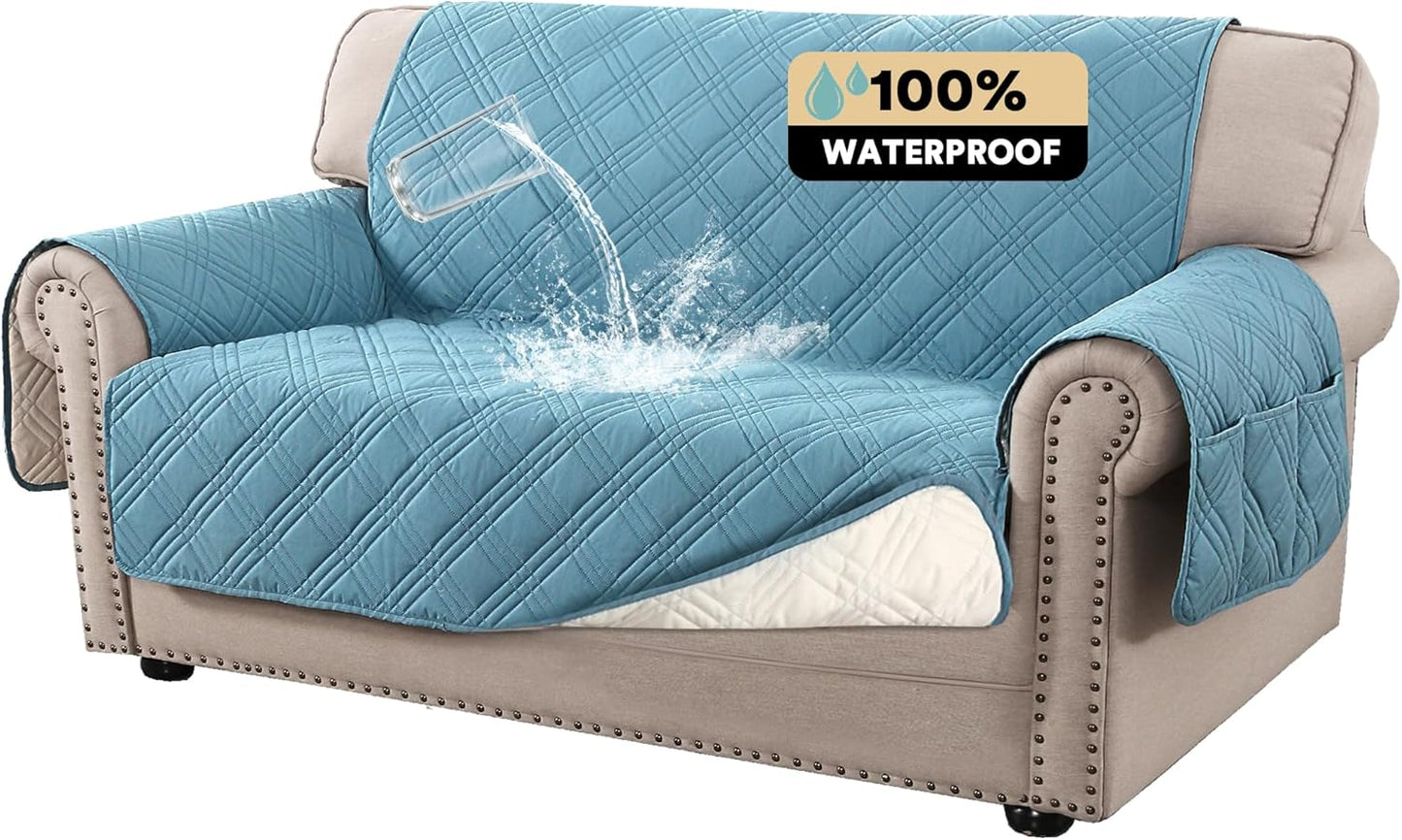 PrinceDeco 100% Waterproof Couch Cover for 3 Cushion Couch Sofa Pet Friendly Non-Slip Couch Cover for Dogs Washable Water Resistant Furniture Protector with Elastic Straps(Sofa 68", French Oak)
