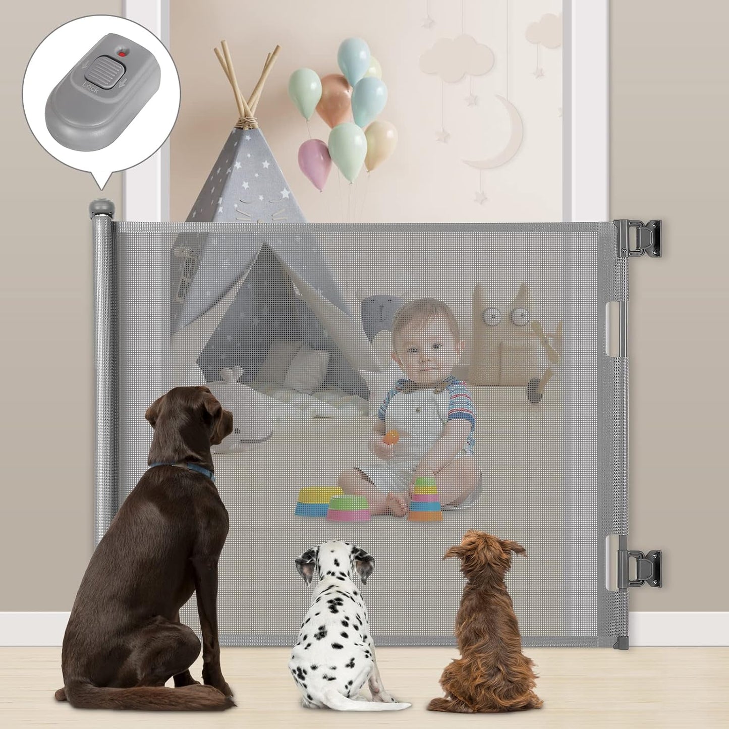 Upgraded Retractable Baby Gate, Extra Wide Safety Kids or Pets Gate, 33” Tall, Extends to 71” Wide, Mesh Safety Dog Gate for Stairs, Indoor, Outdoor, Doorways, Hallways(33”x71”, Black)