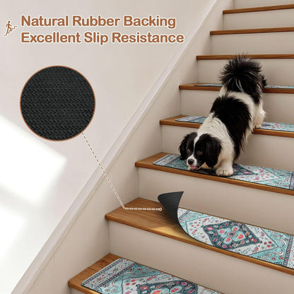 OJIA Non-Slip Carpet Stair Treads for Wooden Steps Set of 15, 30''X8'' Indoor Runner Resistant Rugs Rubber Safety Mats for Dogs, Kids & Elders, Stairway Grip