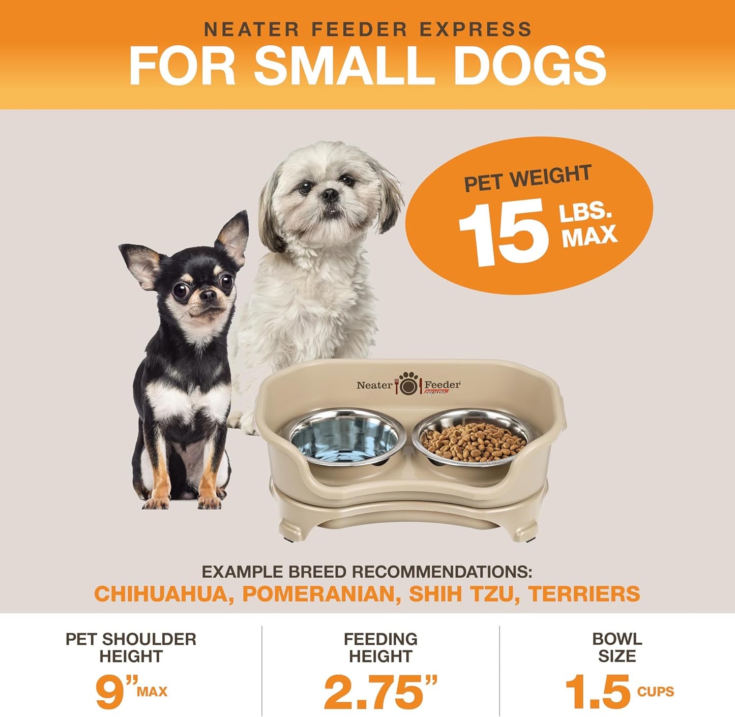 Neater Feeder Express Mess Proof Dog Bowls Elevated for Small Breeds under 15 Lb, Made in USA, No Spill Raised Dog Food Bowl Stand, Stainless Steel Food and Water Bowl Set, Feeding Station, Cappuccino
