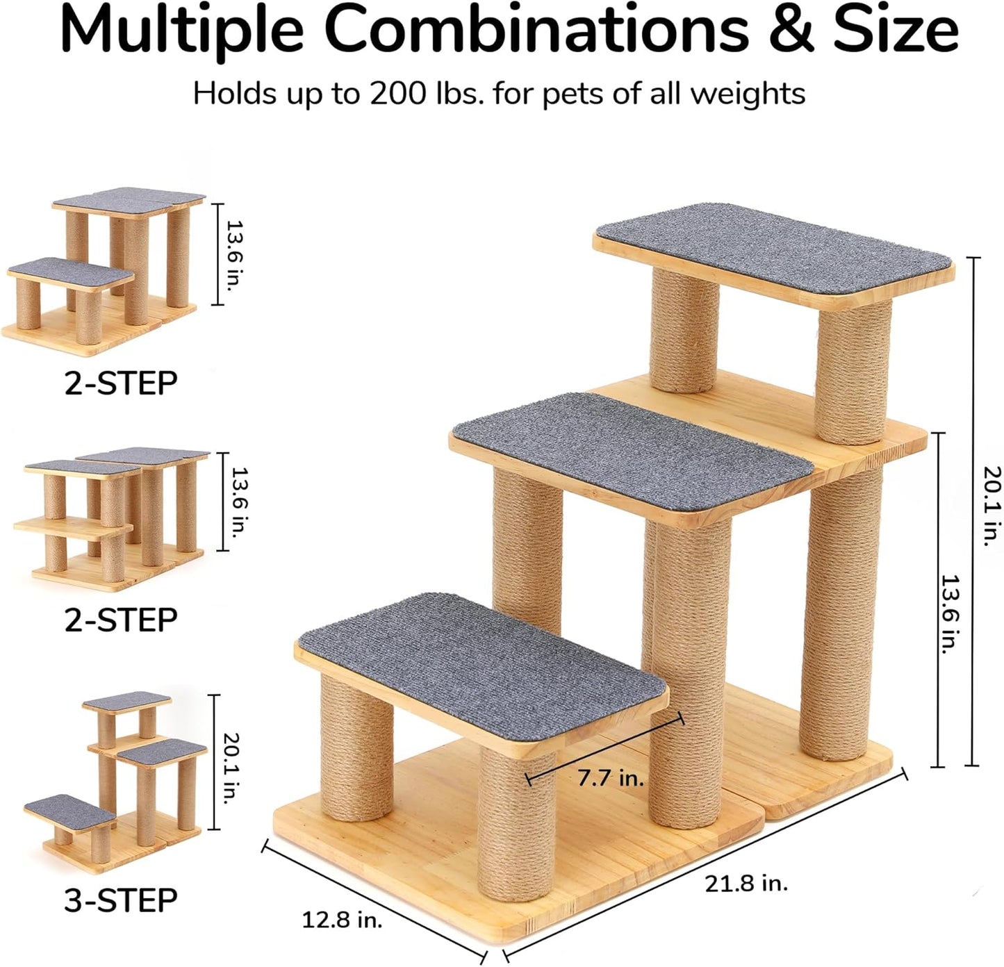 FUKUMARU 3-in-1 Pet Stairs, Retro-style Dog Steps for Cats and Small Dogs, Wooden Cat Stairs for High Bed with Scratching Post, Dog Ramp for Couch with Cat Condo Cave, Easy to Clean & Aesthetic Design