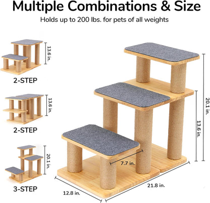 FUKUMARU 3-in-1 Pet Stairs, Retro-style Dog Steps for Cats and Small Dogs, Wooden Cat Stairs for High Bed with Scratching Post, Dog Ramp for Couch with Cat Condo Cave, Easy to Clean & Aesthetic Design