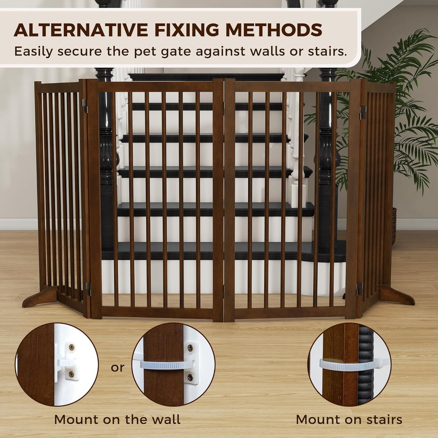 36" H Freestanding Dog Gate, Solid Wood Foldable Pet Gate with Support Feet, Wooden Tall Dog Gate for Doorway, Stairs & Indoor Use, 60" Wide Expandable Pet Fence, 3 Panels, Walnut