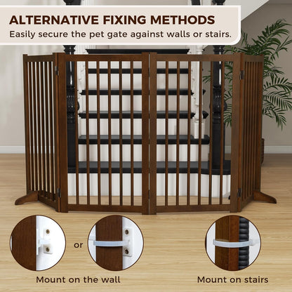 36" H Freestanding Dog Gate, Solid Wood Foldable Pet Gate with Support Feet, Wooden Tall Dog Gate for Doorway, Stairs & Indoor Use, 60" Wide Expandable Pet Fence, 3 Panels, Walnut