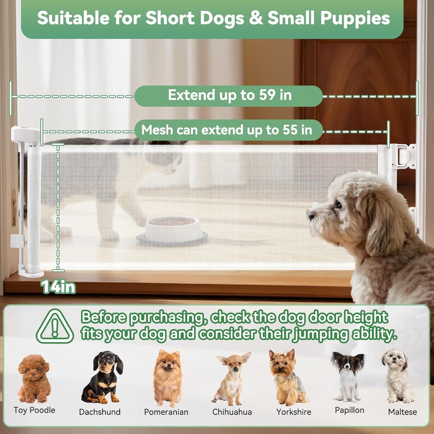 Short Dog Gate, 14" H Retractable Dog Gates, Mesh Retractable Step Over Pet Gates Puppy Gate, Extended up to 55" Wide for Stairs & Doorways Hallways - Drilling Required (Grey)
