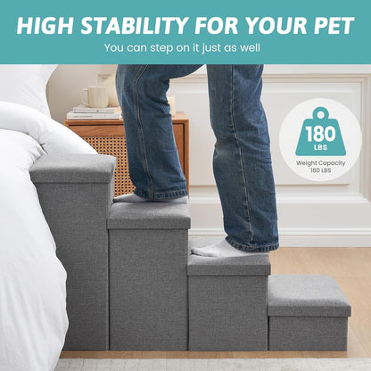 Dog Stairs with Storage, 4-Step Wider Sturdy Dog Steps for Small/Medium/Large Dogs and Older Cats, Folding Doggie Ramp for Bed/Couch/Car Hold Up to 180 lbs (22" H, Brown)
