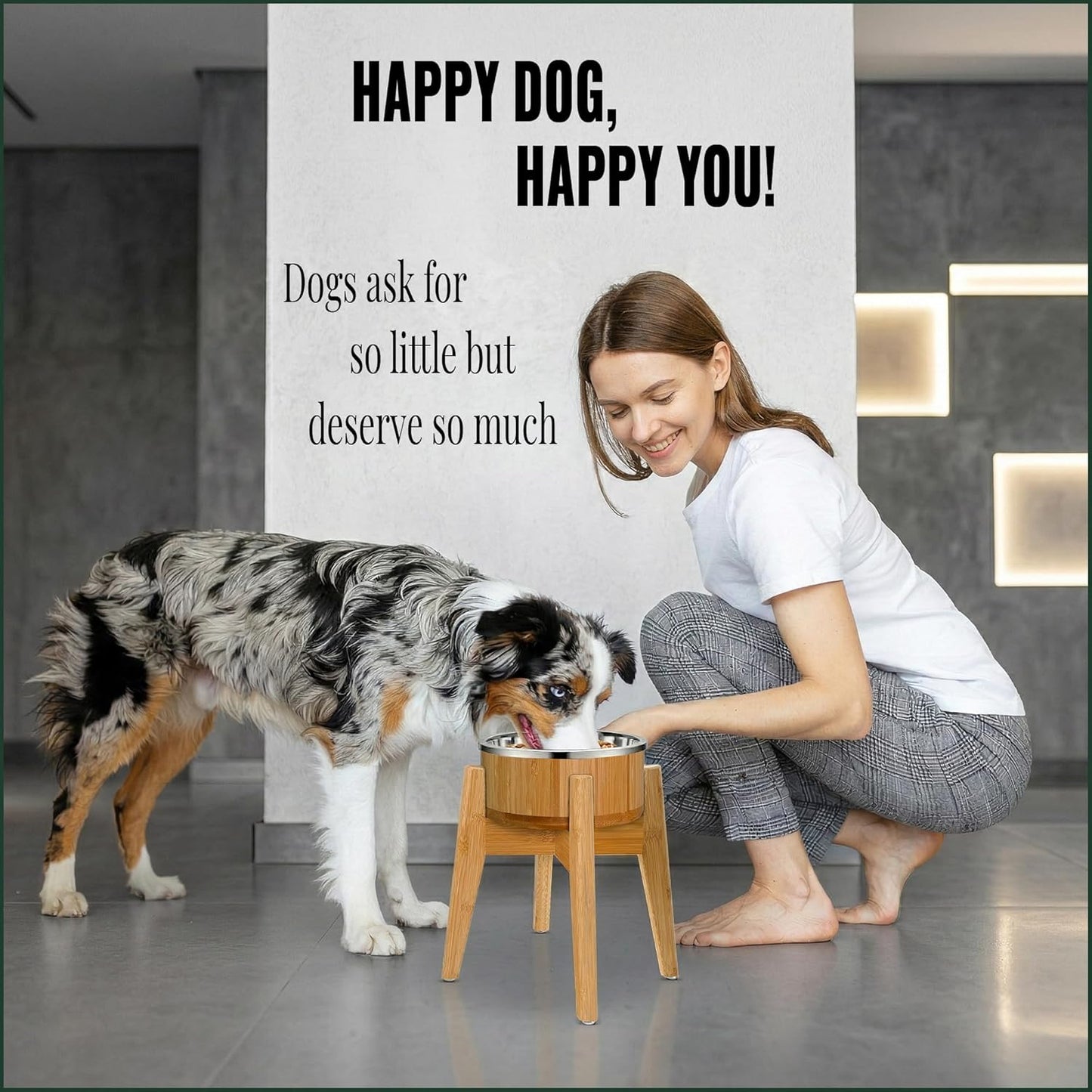 Elevated Slow Feeder Dog Bowls Large Breed - (12-inch-high) - Raised Bowl with Anti-Choking Insert - Stainless Metal and Bamboo