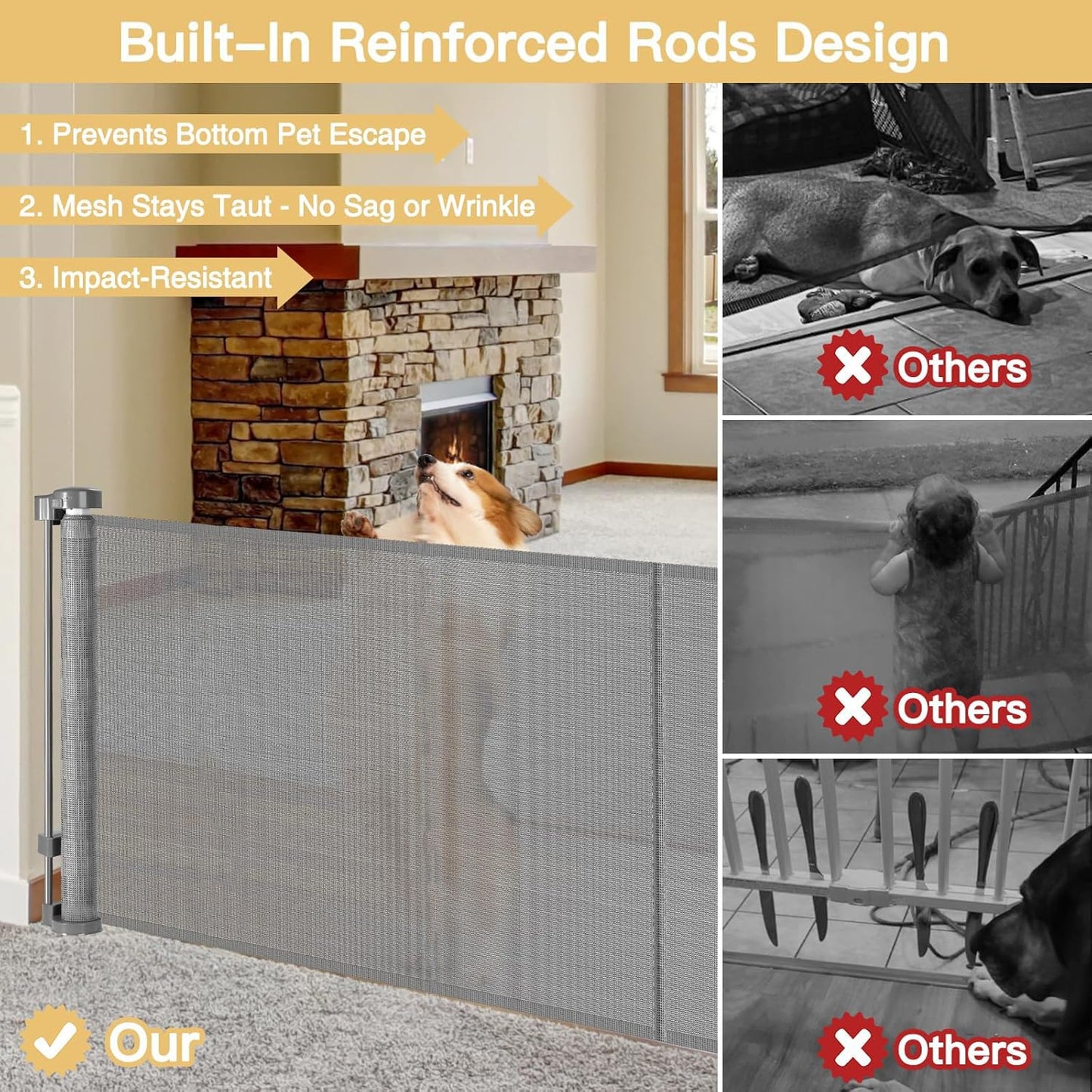 Reinforced 28 Inch Tall Retractable Baby Gates for Dogs, Easy Step Over Pet Gate with Support Rods, 55" Wide Retractable Dog Gate, Puppy Gates for The House Short Dog Gate for Stairs, Doorways, White