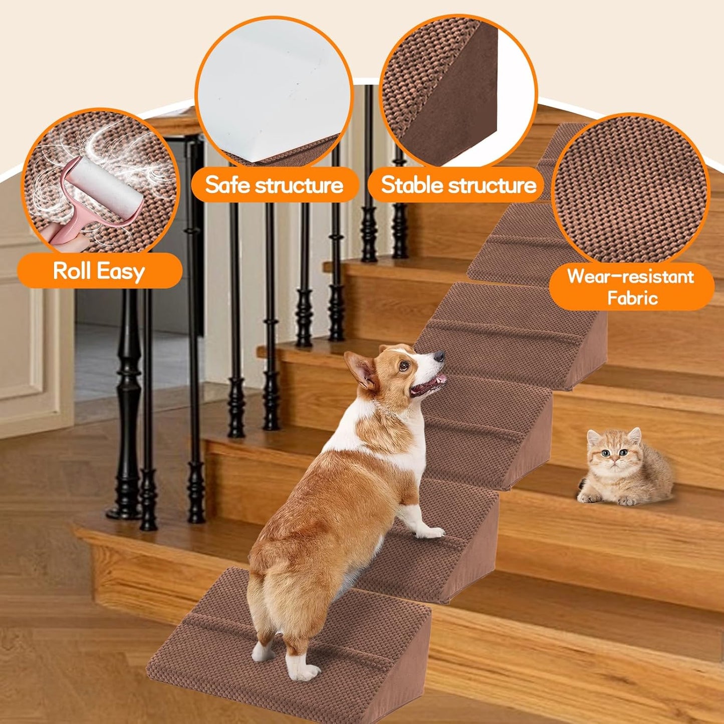 Dog Ramp for Stairs for Small & Senior Dogs and Cats, Non-Slip Foam Indoor Pet Ramp with Self-Sticky Pads, Dog Ramp for Stairs Inside House(Dark Gray, 6 Pack)