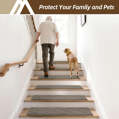 COSY HOMEER Edging Stair Treads Non-Slip Carpet Mat 28inX9in Indoor Stair Runners for Wooden Steps, Edging Stair Rugs for Kids and Dogs, 100% Polyester TPE Backing (7pc, Beige)