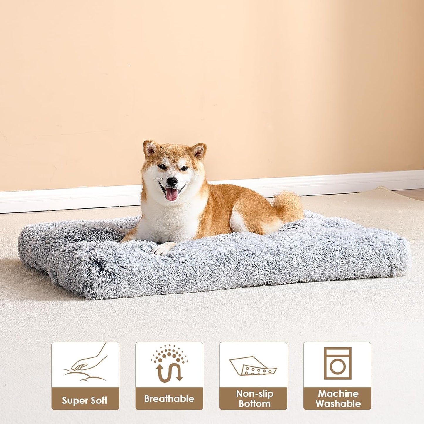 EHEYCIGA Fluffy Dog Crate Bed for Medium Dogs, Plush Faux Fur Crate Pad, Calming Anti Anxiety Medium Dog Bed, Washable Soft Warm Crate Mat with Non-Slip Bottom