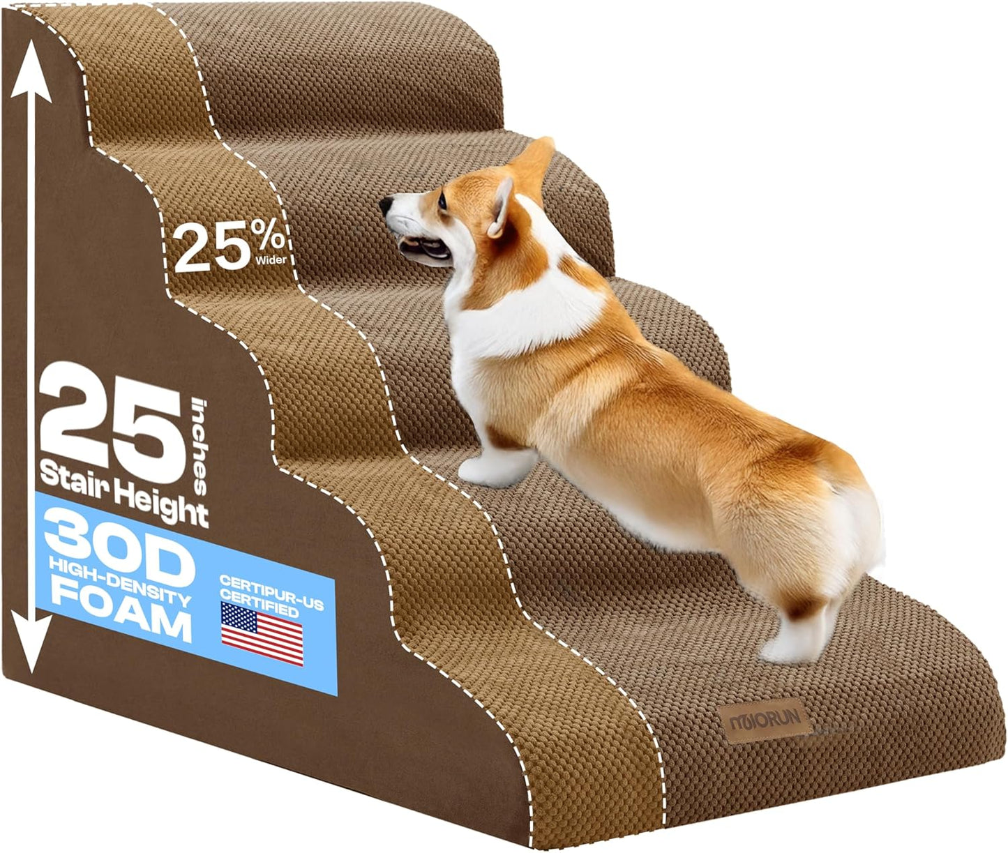 Extra Wide Dog Stairs for Large Dogs Up to 80lbs, 25" Pet Steps for High Bed with Washable Cover, 5-Step Foam Bed & Couch Ladder for Small Medium Dogs & Senior Cat, Gray