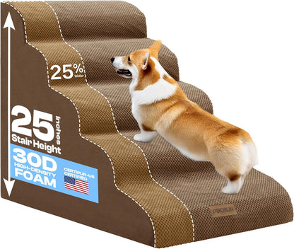 Extra Wide Dog Stairs for Large Dogs Up to 80lbs, 25" Pet Steps for High Bed with Washable Cover, 5-Step Foam Bed & Couch Ladder for Small Medium Dogs & Senior Cat, Gray