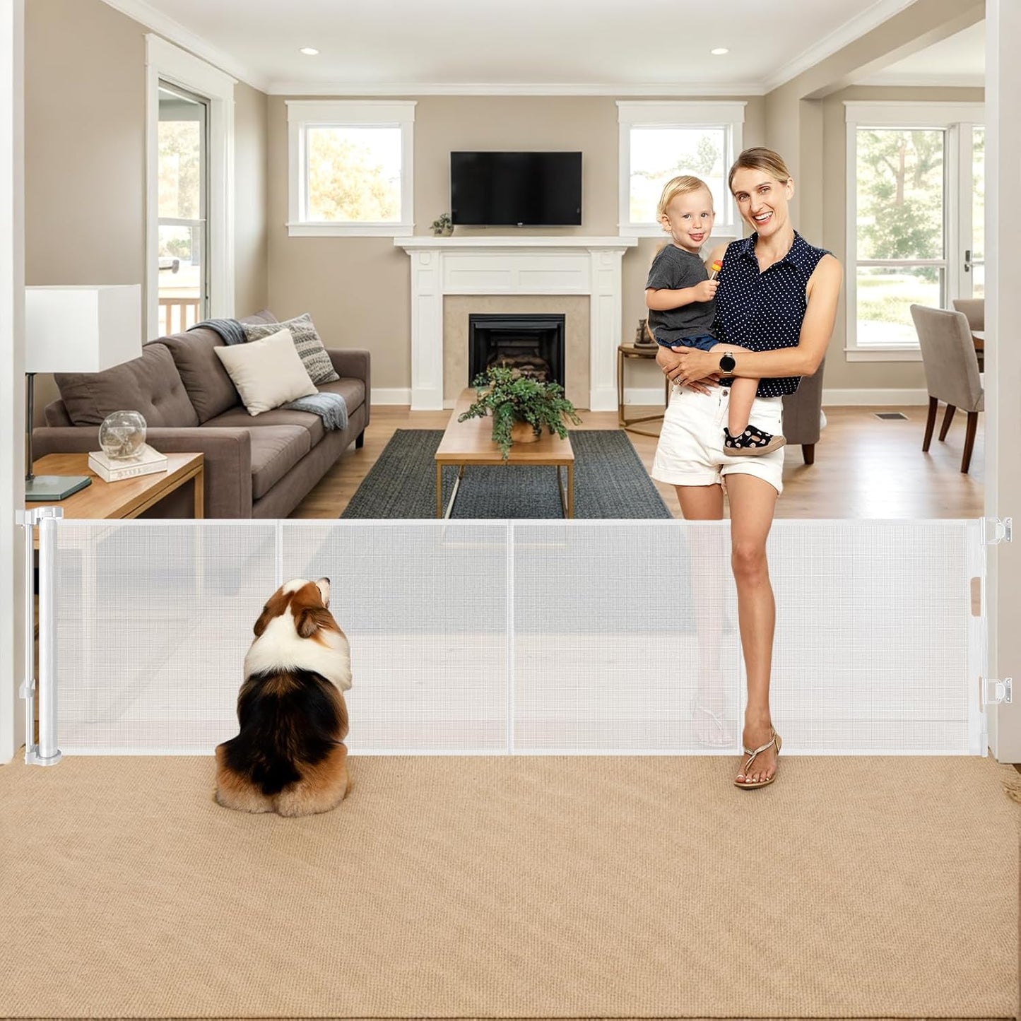 Reinforced 28 Inch Tall Retractable Baby Gates for Dogs, Easy Step Over Pet Gate with Support Rods, 55" Wide Retractable Dog Gate, Puppy Gates for The House Short Dog Gate for Stairs, Doorways, White