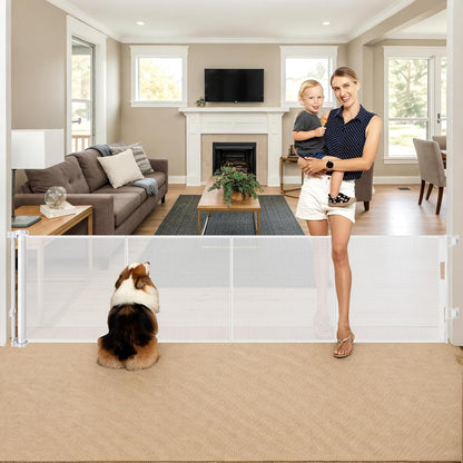 Reinforced 28 Inch Tall Retractable Baby Gates for Dogs, Easy Step Over Pet Gate with Support Rods, 55" Wide Retractable Dog Gate, Puppy Gates for The House Short Dog Gate for Stairs, Doorways, White