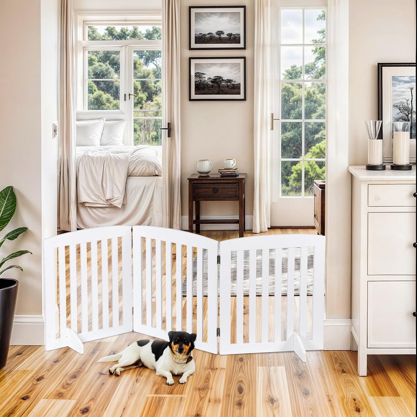 Freestanding Dog Door Indoor Folding Puppy Gate for Doorways Stairs 4-Panel Wood Pet Safe Barrier Fence for Hallways, Gray