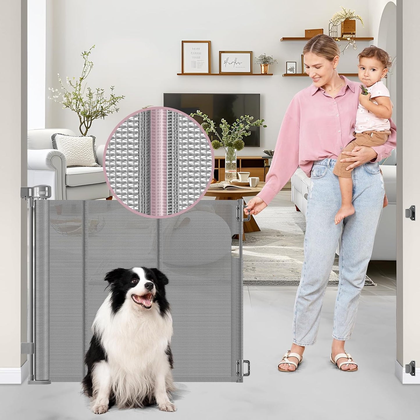 Reinforced 56" Wide Retractable Baby Gates for Doorways with Support Rods - Prevent Crawling Under Retractable Gate, Mesh Pet Gate for Stairs Retractable Dog Gates for The House Indoor/Outdoor, Black