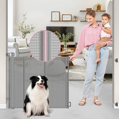 Reinforced 56" Wide Retractable Baby Gates for Doorways with Support Rods - Prevent Crawling Under Retractable Gate, Mesh Pet Gate for Stairs Retractable Dog Gates for The House Indoor/Outdoor, Black