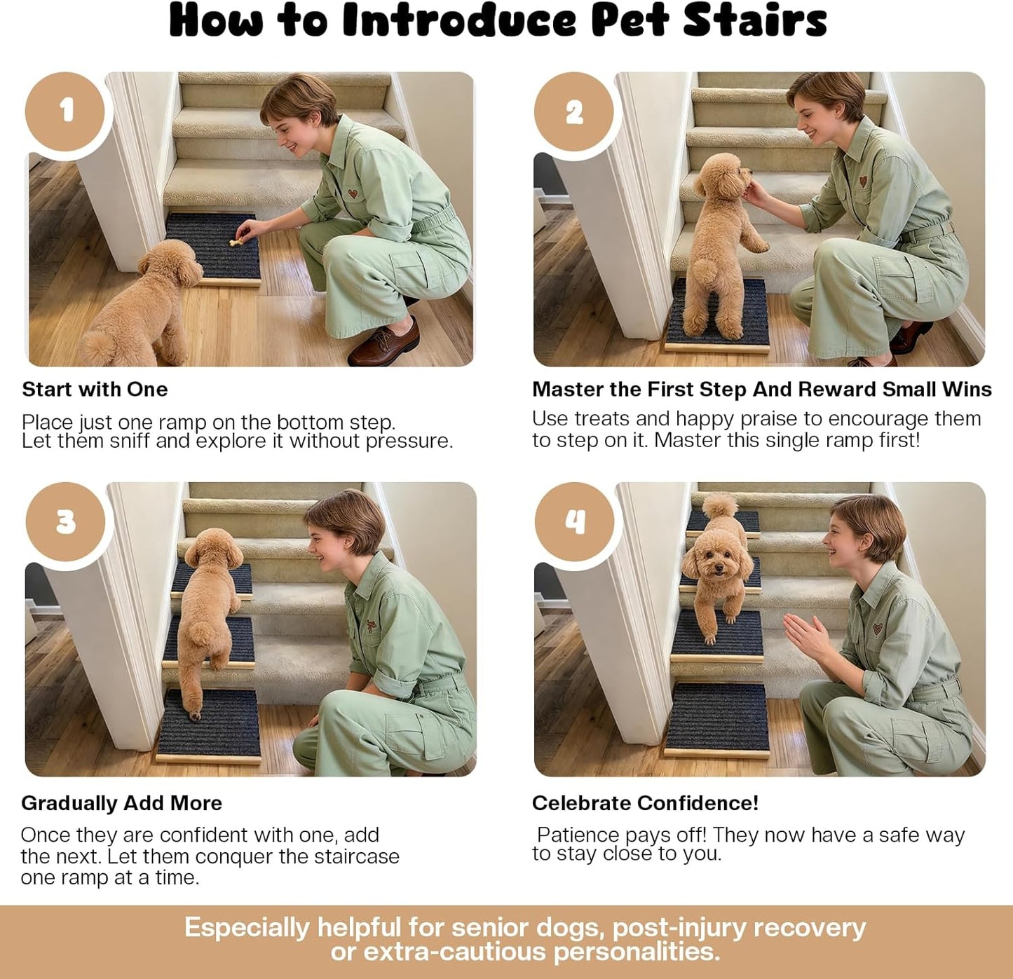 4-Pack Wooden Dog Ramp for Stairs, Anti-Slip Pet Steps for Small Dogs with Carpet Surface, Low-Angled Pet Ramps for Staircase, Steps and Stairs Assist for Injured & Aged Pets, Stairs Ramp for Dogs