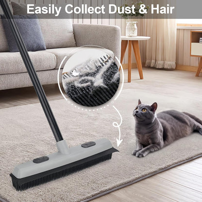 Rubber Broom Carpet Rake for Pet Hair Removal, Fur Remover Broom with 59" Telescoping Long Handle, Pet Hair Broom with Squeegee for Carpet, Hardwood Floor, Tile