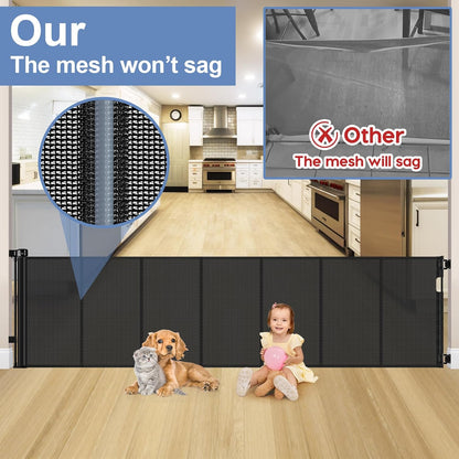 Reinforced 90 Inch Retractable Baby Gates Extra Wide Baby Gate with Reinforced Strips, 7.5ft Long Retractable Dog Gate for The House 33 Inch Tall Extra Long Pet Gates for Wide Openings, Black