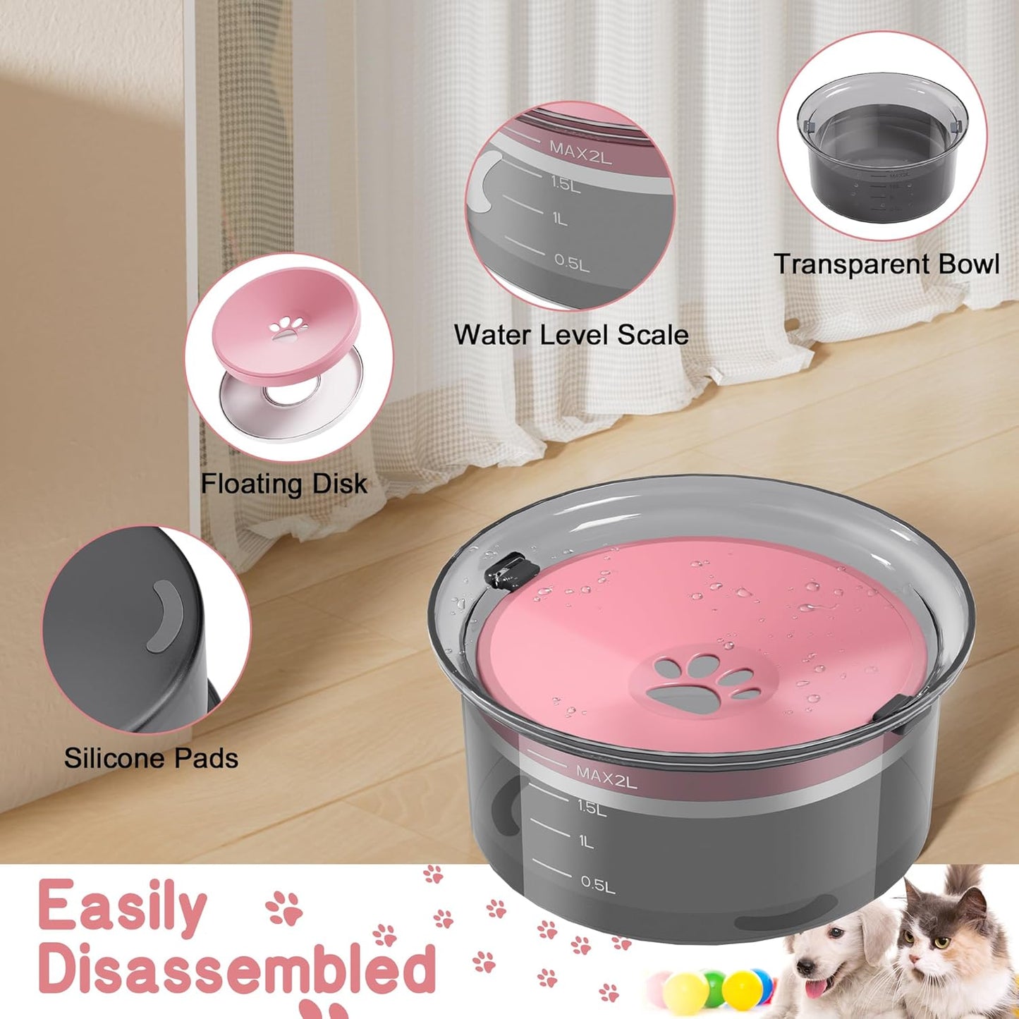 2L Dog Water Bowl Large Capacity Slow Water Feeder, No Spill Dog Bowl Splash Proof Pet Water Dispenser,Vehicle Carried Travel Water Floating Bowl for Dogs/Cats/Pets (Pink)
