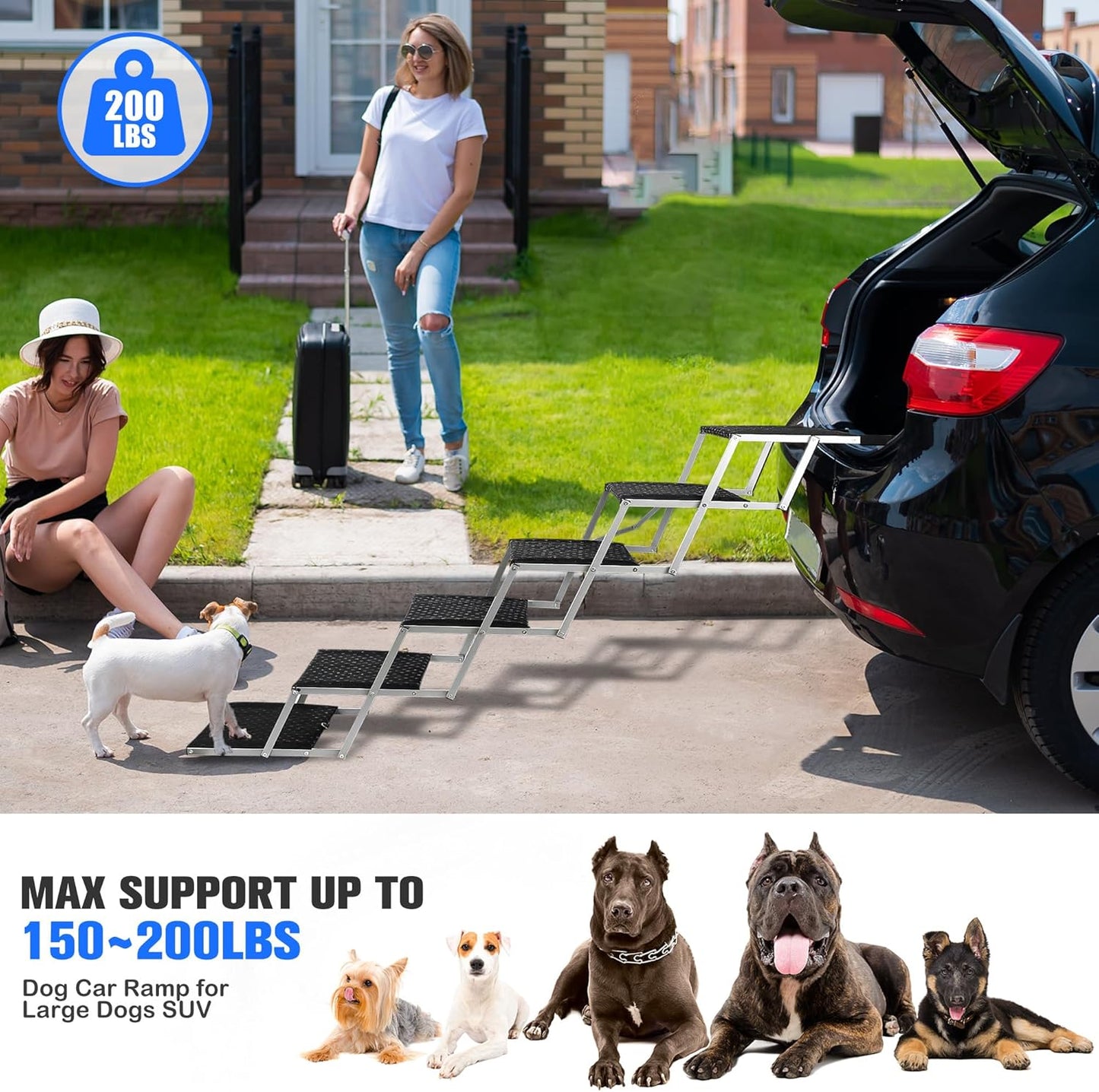 Niubya Dog Ramps for Cars, Portable Folding Dog Stairs for Cars, SUV, Trucks, Lightweight Pet Ramp for Large Dogs with Non-Slip Surface, Reinforced Pet Steps Supports Up to 200 lb, 6 Steps