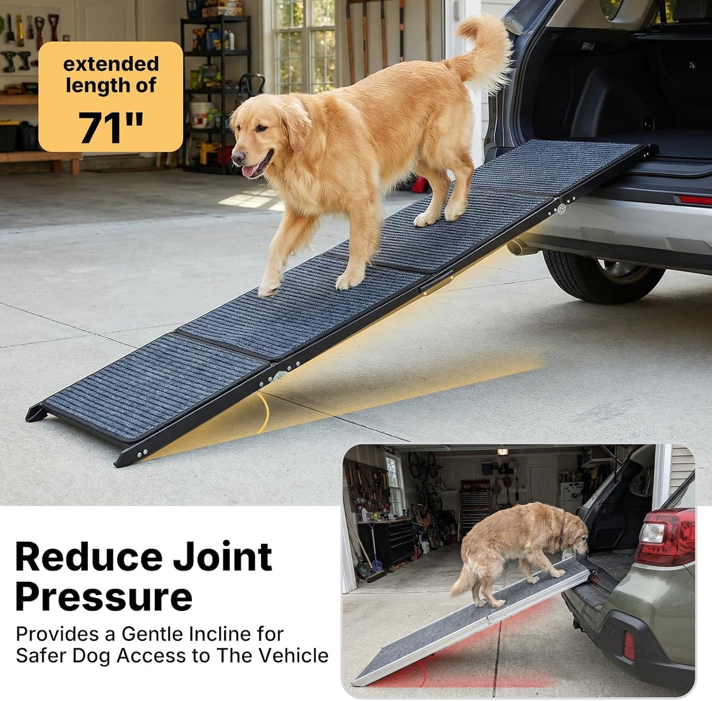 Veehoo Dog Ramp for Car Truck SUV 71" Long 20" Extra Wide, Foldable Dog Ramp with Non Slip Rug Surface for Large Dogs, Portable Folding Outdoor Pet Stairs for Dogs to Get in Car, Support up to 220lbs
