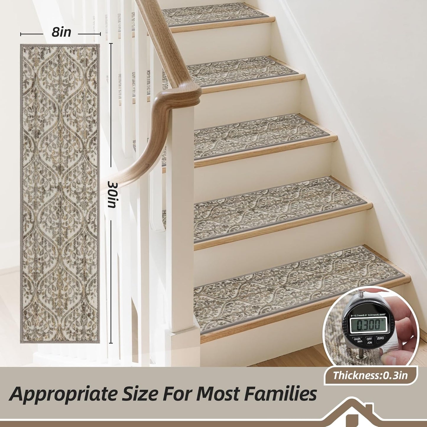 BEQHAUSE Stair Treads for Wooden Steps Non-Slip Machine Washable Carpet Stair Treads 8"X30" Soft Indoor Stair Runner for Kids Elders and Pets, 100% Polyester, TPE Backing, 15pcs, Brown/Grey