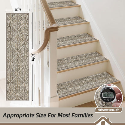 BEQHAUSE Stair Treads for Wooden Steps Non-Slip Machine Washable Carpet Stair Treads 8"X30" Soft Indoor Stair Runner for Kids Elders and Pets, 100% Polyester, TPE Backing, 15pcs, Brown/Grey
