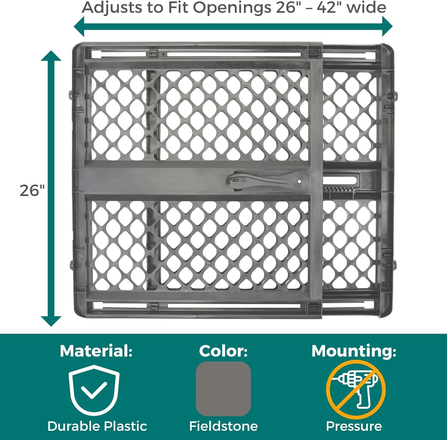 MYPET Essential Petgate: 26-42" Wide Expandable, Pressure Mounted No Tools Needed, Durable Dog Gate for Doorways, Made in USA, 26" Tall, Fieldstone Gray