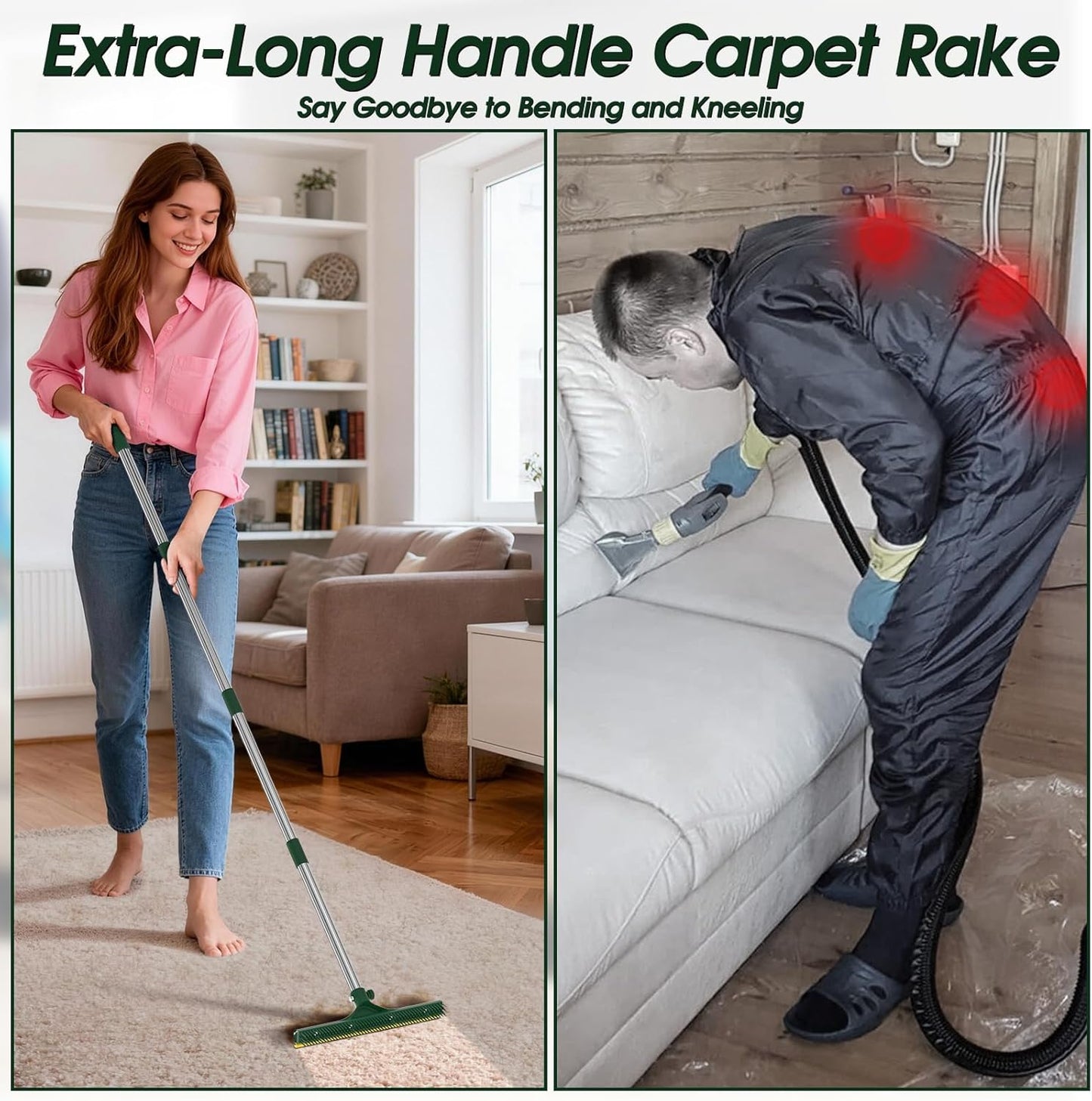 Carpet Rake for Pet Hair Removal, 60’’ Dual-Side Pet Hair Removal Tool with Adjustable Handle, 3 in 1 Reusable Lint Remover Dog Cat Fur Remover Broom for Rugs, Mats, Beds, Stairs, Couch