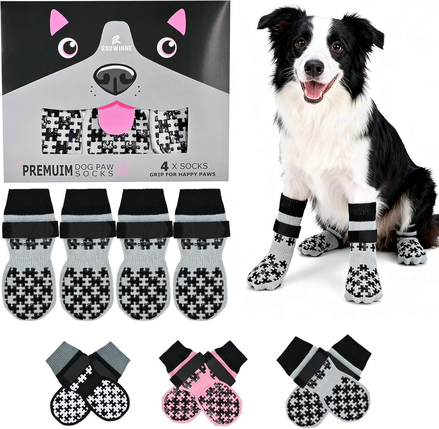 Dog Grippy Socks for Senior Dog - Double Side Dogs Booties to Prevent Licking, Boots & Paw Protectors for Hardwood Floors, No Twist Non Slip Socks for Small Medium Large Dogs, Black, L