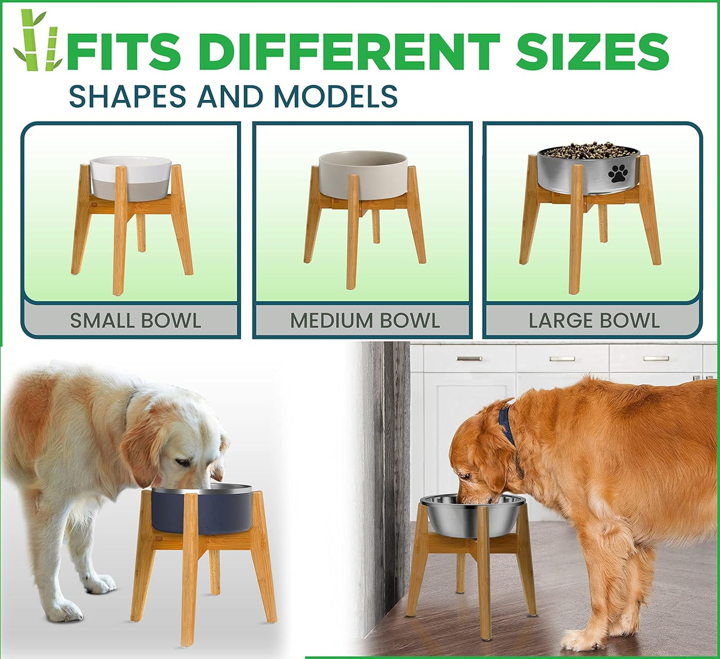 Dog Bowl Stand (14-inch High) - Ideal for Large Breeds, Use to Elevate, Raise Pet Dishes, Water Fountains and Slow Feeders - Adjustable Sideways, Bamboo - (Bowls not Included)