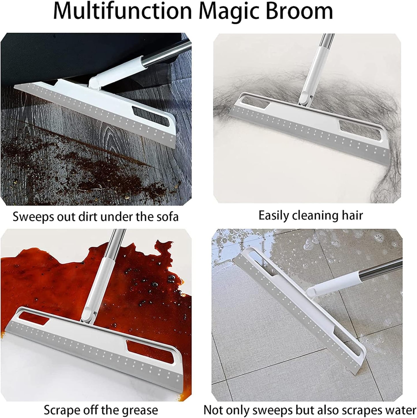 Rubber Air Broom Multifunction Silicone Floor Squeegee, Air Broom for Floor with 56" Long Handle, 4-in-1 Rubber Sweeper for Dirt, Liquids, Pet Hair, Tile Hardwood Floors, Carpet, Living Room (Purple)