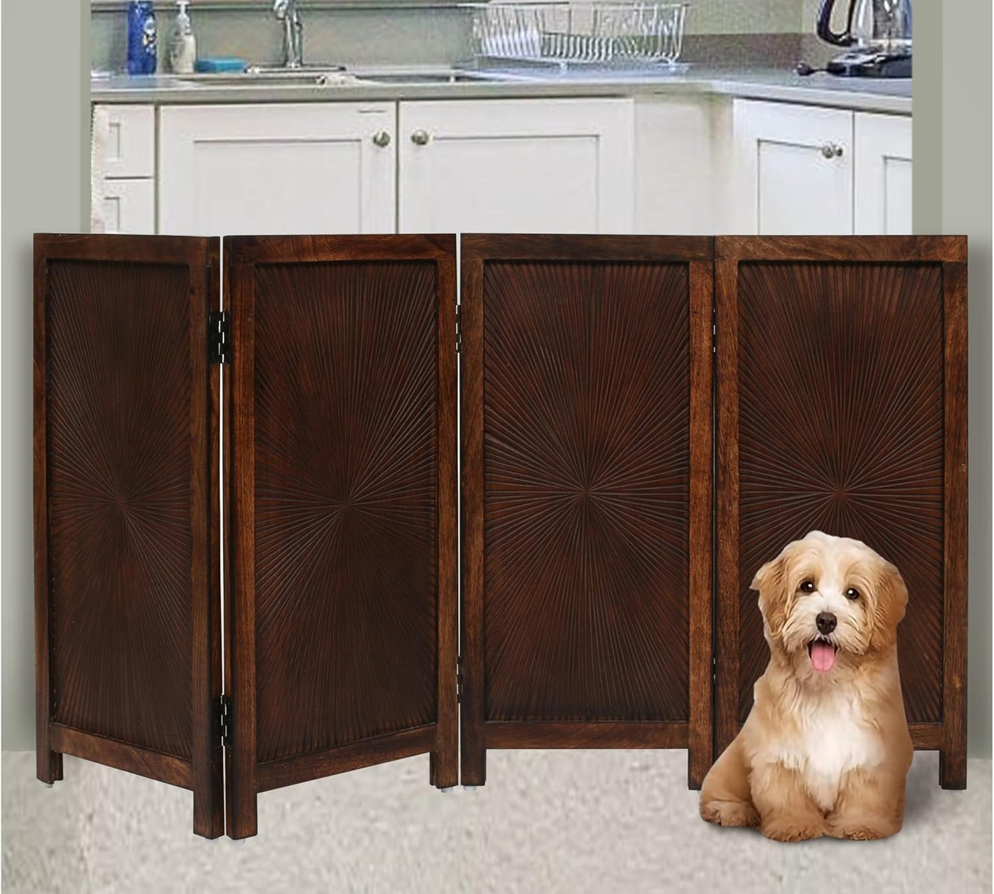 Freestanding Pet Gate for Dogs, Foldable Wooden Dog Gate for House, Indoor Dog Gate for Stair, Doorway, House Design Gates for Dogs Indoor, 72 Inch Wide, (18" x4 Panels 72 inch), Burnt Finish