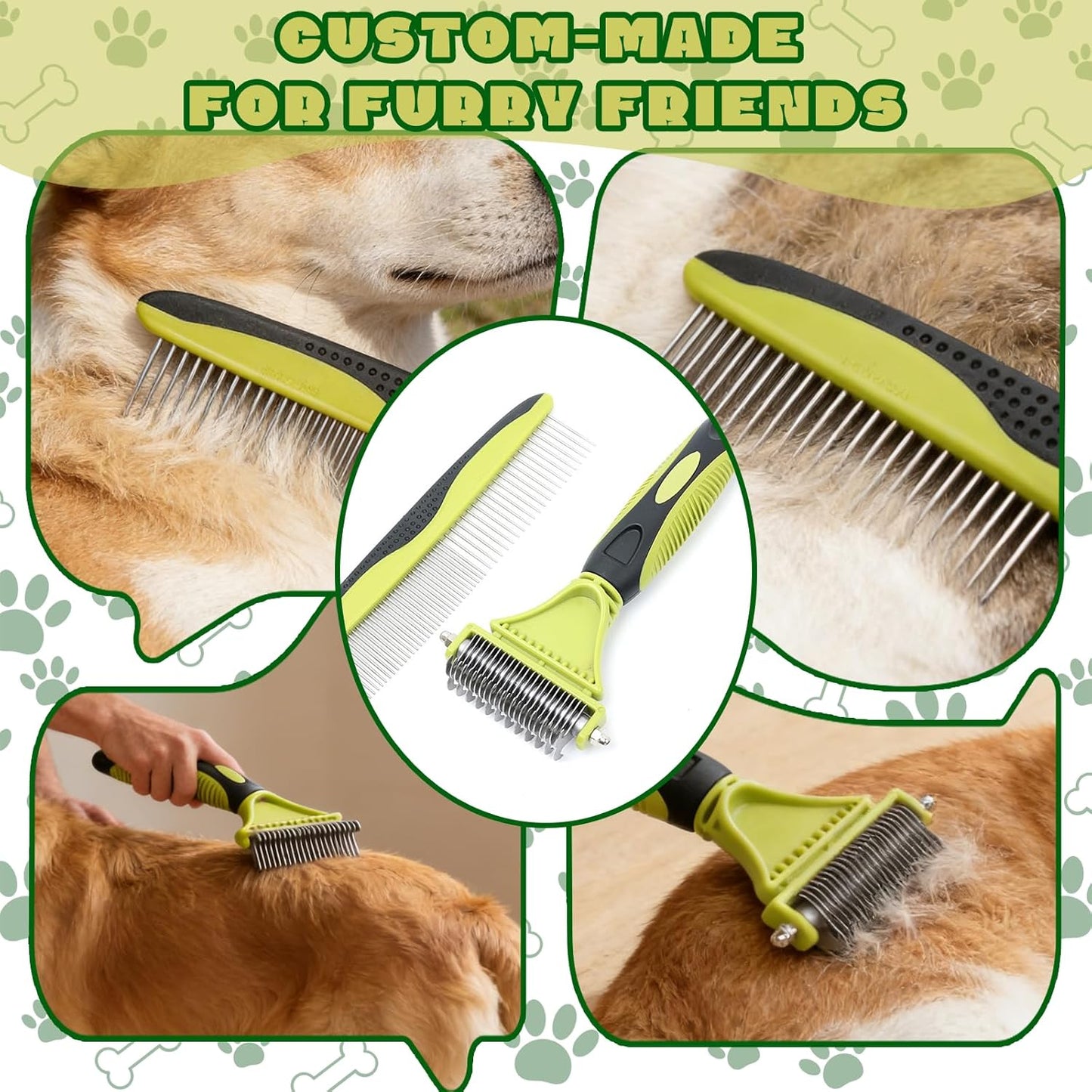 2-in-1 Pet Grooming Brush & Undercoat Rake, Double Sided Dematting Comb for Dogs Cats, Shedding & Slicker Grooming Tool (Green)