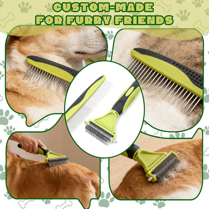 2-in-1 Pet Grooming Brush & Undercoat Rake, Double Sided Dematting Comb for Dogs Cats, Shedding & Slicker Grooming Tool (Green)