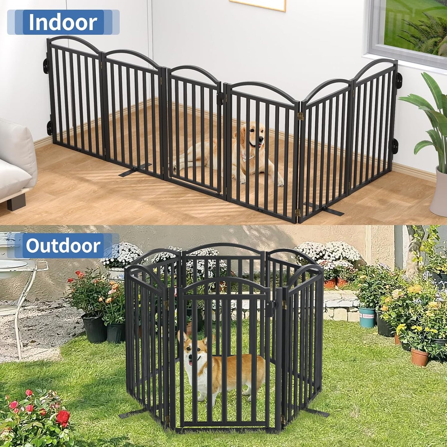 Malier Metal Freestanding Dog Gate, 32'' Height Outdoor Indoor Dog Fences, Extra Wide Foldable Puppy Gate for Stairs (Black, 【2 Panels】 40''W × 32''H)